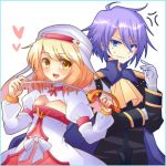  1girl :d ahoge alice_(tales_of_symphonia_kor) anger_vein bad_id blonde_hair blue_eyes bow breasts choker cleavage collar gloves happy hat heart open_mouth purple_hair rapier ribbon sadomochi saleh short_hair smile sweat sword tales_of_(series) tales_of_rebirth tales_of_symphonia tales_of_symphonia_knight_of_ratatosk weapon white_background white_gloves yellow_eyes 