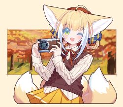  1girl :d ;d alternate_costume animal_ear_fluff animal_ears arknights autumn beret blonde_hair braid brown_hat brown_sweater_vest camera chinese_commentary commentary_request cowboy_shot fox_ears fox_girl fox_tail green_eyes hands_up hat highres holding holding_camera looking_at_viewer miaoneko multicolored_hair multiple_tails neck_ribbon one_eye_closed open_mouth orange_ribbon pleated_skirt ribbon shirt skirt smile solo suzuran_(arknights) sweater_vest tail tree white_hair white_shirt yellow_skirt 