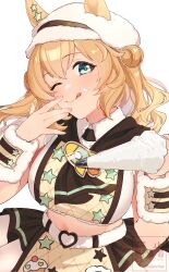  1girl absurdres animal_ears blue_eyes blush breasts brown_hair brown_neckerchief chikabe closed_mouth commentary_request cupcake_print earrings ears_through_headwear food food_on_face hair_between_eyes hair_bun hat highres holding holding_pastry_bag horse_ears horse_girl jewelry large_breasts long_hair looking_at_viewer neckerchief official_alternate_costume one_eye_closed pastry_bag shirt simple_background skirt sleeveless sleeveless_shirt smile solo star_(symbol) star_earrings taiki_shuttle_(baa_baa_patisserie)_(umamusume) taiki_shuttle_(umamusume) tongue tongue_out umamusume 
