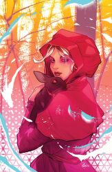  1girl animal brown_hair closed_mouth comic_cover commentary cover cover_page dress half-closed_eyes highres holding holding_animal karl_kerschl lips looking_at_viewer multicolored_hair official_art pink_dress rabbit red_hood signature solo spirit_of_the_shadows textless_cover_page textless_version white_hair 