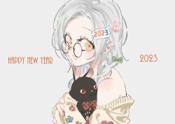  1girl 2023 bow braid candy_hair_ornament curtained_hair eyelashes food-themed_hair_ornament glasses green_bow grey_background grey_hair hair_bow hair_ornament happy_new_year holding holding_stuffed_toy long_hair long_sleeves looking_at_viewer original p_(pkochan) parted_lips rabbit_hair_ornament round_eyewear simple_background single_bare_shoulder solo stuffed_animal stuffed_rabbit stuffed_toy sweater twin_braids yellow_eyes yellow_sweater 