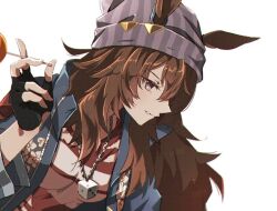  1girl animal_ears beanie black_gloves blue_coat blush breasts brown_hair candy coat dice dice_necklace dice_pendant domdam80 ears_through_headwear fingerless_gloves food gloves grey_hat hair_between_eyes hat holding holding_candy holding_food holding_lollipop horse_ears horse_girl jacket jewelry lollipop long_hair long_sleeves nakayama_festa_(desperate_measures)_(umamusume) nakayama_festa_(umamusume) necklace parted_lips red_shirt shirt simple_background small_breasts striped_clothes striped_hat striped_headwear torn_clothes torn_shirt umamusume upper_body vertical-striped_clothes vertical-striped_headwear violet_eyes 