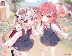  2girls :d :o ahoge animal_ear_fluff animal_ears backpack bag black_dress black_shoes blue_sky bow candy clouds collared_shirt commentary_request copyright_request day dress fangs food grey_socks hair_ornament hairclip hand_to_own_mouth hand_up heart heart-shaped_food heart-shaped_lollipop highres holding holding_candy holding_food holding_lollipop hoshi_(snacherubi) house lollipop long_hair long_sleeves multicolored_hair multiple_girls orange_hair outdoors parted_lips pinafore_dress pink_bow pleated_dress puffy_long_sleeves puffy_sleeves randoseru red_bow red_eyes red_hair ringlets school_uniform shaped_lollipop shirt shoes sky sleeveless sleeveless_dress sleeves_past_wrists smile socks streaked_hair tail twintails two_side_up white_shirt 
