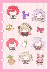  ._. 3girls ange_katrina ange_katrina_(1st_costume) baby_bottle balance_scale black_coat black_dress blue_pants blue_skirt blush_stickers border bottle bow chibi chibi_only coat colored_inner_hair commentary creature curtained_hair debitto_(makaino_ririmu) dress grey_hair grid_background hair_intakes hair_ornament hairband hairclip highres hyakumantenbara_salome hyakumantenbara_salome_(1st_costume) kinokonokox_x long_hair makaino_ririmu makaino_ririmu_(4th_costume) mandragora_(ange_katrina) medium_hair multicolored_hair multiple_girls multiple_views neckerchief nijisanji no_mouth no_nose official_alternate_costume open_clothes open_coat open_shirt outline pants pink_background pink_border pink_bow pink_coat pink_hair pink_shirt purple_hair rabbit red_dress red_hair red_neckerchief red_shirt scorpion shirt skirt two-tone_hair two_side_up untranslatable_commentary very_long_hair virtual_youtuber weighing_scale white_outline white_shirt white_skirt 