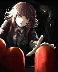  1boy 1girl bag black_background black_hoodie breasts covered_eyes danganronpa_(series) danganronpa_2:_goodbye_despair evil_smile flipped_hair from_below green_jacket grey_hair hair_ornament highres hood hoodie hope's_peak_academy_school_uniform jacket kmnm_1403 komaeda_nagito large_breasts long_sleeves medium_hair messy_hair nanami_chiaki open_clothes open_jacket parted_lips pink_bag pink_eyes pink_ribbon print_shirt reaching reaching_towards_viewer ribbon scene_reference school_uniform shirt smile sweatdrop two-tone_shirt white_shirt 