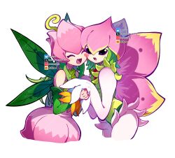  2girls :d absurdres artist_name black_eyes blush cheek-to-cheek colored_skin commentary cropped_legs digimon digimon_(creature) dress fairy_wings fang flower flower_on_head flower_skirt green_hair green_leotard green_wings hand_grab heads_together heart highres leaf_wings leotard lilamon lilimon long_hair looking_at_viewer medium_hair multiple_girls open_mouth pink_dress pink_nails pink_skin simple_background smile solid_eyes web_address white_background wings youzaiyouzai112 