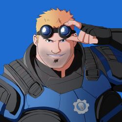  1boy absurdres adjusting_goggles armor beard beard_stubble black_gloves blonde_hair blue_background blue_eyes blue_theme clenched_teeth damon_baird facial_hair fingerless_gloves gears gears_of_war gloves highres looking_at_viewer male_focus portrait power_armor ruvkun short_hair simple_background skull_print smile smirk spiky_hair stubble teeth 