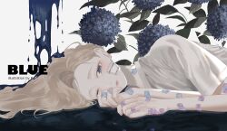 1girl artist_name bandaid bandaid_on_arm bandaid_on_hand bandaid_on_neck blonde_hair blue_eyes blue_flower closed_mouth commentary_request crying curtained_hair depressed flower gauze gauze_on_cheek hair_spread_out highres hydrangea long_hair looking_at_viewer lying on_side original p_(pkochan) sad shirt solo too_many_bandaids upper_body white_shirt 