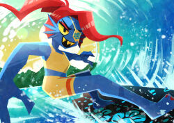  1girl absurdres alternate_costume barefoot black_eyes blue_skin colored_sclera colored_skin colored_teeth commentary_request day eyepatch highres long_hair open_mouth outdoors ponytail red_hair sharp_teeth smile solo surfboard surfing teeth undertale undyne utdr_(toby_fox) watawata22 water yellow_sclera yellow_teeth 