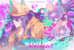  1boy 1girl absurdres animal_hood bag black_eyes black_gloves black_hair blue_eyes blunt_bangs can colorful e.g.o_(project_moon) gloves hair_between_eyes heterochromia highres holding holding_bag holding_can hong_lu_(project_moon) hood hoodie limbus_company long_hair looking_at_viewer ma096122 ponytail project_moon red_eyes ryoshu_(project_moon) short_hair shrimp_hat smile soda soda_(e.g.o) sparkle 