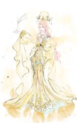 1girl absurdres bare_shoulders binbin_wuli_('(00)') brown_eyes chinese_commentary closed_mouth commentary_request crown dress fern formless_truth_(infinity_nikki) full_body gold_crown gold_necklace hagoromo half_updo hand_on_own_chest happy highres holding_vase infinity_nikki jewelry lipstick long_dress long_hair long_sleeves makeup moon necklace nikki_(nikki) nikki_(series) off-shoulder_dress off_shoulder outstretched_arm partial_commentary pink_hair pink_lips pleated_dress puffy_long_sleeves puffy_sleeves see-through_clothes see-through_veil shawl simple_background smile solo standing veil very_long_hair wavy_hair white_background yellow_dress yellow_veil 