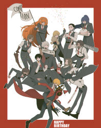  1other 6+boys 6+girls absurdres arthropod_limbs banner baseball_bat belt birthday_cake black_belt black_coat black_eyes black_gloves black_hair black_jacket black_pants black_shoes black_vest blonde_hair border brown_hair brown_hairband cake carrying carrying_person cigarette clock closed_eyes closed_mouth coat coat_on_shoulders collared_shirt confetti dante_(limbus_company) don_quixote_(project_moon) eating everyone faust_(project_moon) fire flag food full_body glasses gloves gregor_(project_moon) grey_hair hairband hand_in_pocket happy_birthday heathcliff_(project_moon) highres holding holding_banner holding_baseball_bat holding_flag holding_food holding_party_popper hong_lu_(project_moon) ishmael_(project_moon) jacket jacket_on_shoulders lapels limbus_company long_hair long_sleeves looking_at_viewer low_ponytail meursault_(project_moon) misg1111 multiple_boys multiple_girls necktie notched_lapels object_head open_mouth orange_hair outis_(project_moon) over_shoulder pants parted_bangs party_popper ponytail project_moon red_border red_coat red_necktie rodion_(project_moon) ryoshu_(project_moon) shirt shoes short_hair sidelocks simple_background sinclair_(project_moon) smile smoke smoking stuffed_animal stuffed_toy teddy_bear very_long_hair vest weapon weapon_over_shoulder white_background white_hair white_shirt yellow_eyes yi_sang_(project_moon) 