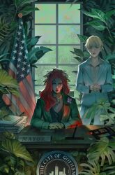  2girls american_flag batman_(series) blonde_hair blue_eyes blue_jacket closed_mouth commentary dc_comics english_commentary green_jacket green_vest highres jacket janet_mitchell jessica_fong leaf long_hair looking_at_viewer multiple_girls official_art orange_hair plant poison_ivy red_eyes shirt short_hair textless_cover_page vest 