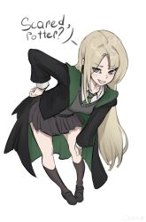  1girl bent_over black_robe black_shoes black_skirt black_socks blonde_hair blush cardigan closed_mouth curtained_hair earrings english_text eyelashes full_body genderswap genderswap_(mtf) green_hood green_necktie grey_eyes hair_over_shoulder hand_on_own_hip hand_on_own_knee harry_potter_(series) highres hogwarts_school_uniform hood hood_down hoop_earrings jewelry kneehighs legs long_hair looking_at_viewer malfoid meme miniskirt necktie nikoris_art pleated_skirt raised_eyebrow robe scared_potter?_(meme) school_uniform shirt shoes simple_background skirt slytherin smile socks solo speech_bubble striped_clothes striped_necktie thighs white_background white_shirt wide_sleeves wizarding_world 