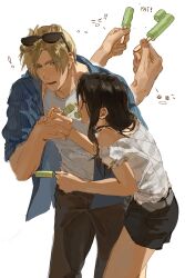  ! 1boy 1girl absurdres artist_name bare_shoulders belt black_hair black_shorts blonde_hair blue_eyes blue_shirt brown_pants collared_shirt commentary cowboy_shot double_popsicle eyewear_on_head failure food food_in_mouth frilled_sleeves frills grey_belt highres holding holding_food holding_popsicle hunched_over juli_cyisa layered_shirt leon_s._kennedy long_hair looking_at_another nose oc_x_canon off-shoulder_shirt off_shoulder open_clothes open_mouth open_shirt original pants popsicle popsicle_in_mouth resident_evil ribbed_shirt shirt short_hair short_shorts short_sleeves shorts simple_background sound_effects sunglasses tank_top untranslatable_commentary white_background white_tank_top 