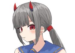  1girl arms_at_sides assault_lily black_horns blue_sailor_collar blunt_bangs blush closed_mouth commentary fang fang_out fujita_asagao grey_hair highres horns long_hair low_twintails mechanical_horns multicolored_horns odaiba_girls_high_school_uniform portrait red_eyes red_horns sailor_collar school_uniform serafuku shirt sideways_glance simple_background skin_fang sleeveless sleeveless_shirt solo twintails two-tone_horns washi-san white_background 
