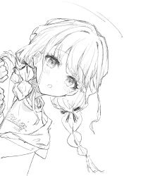  1girl :o blush braid fang french_braided_twintails fujita_kotone gakuen_idolmaster greyscale hair_ribbon hatching_(texture) highres hood hooded_jacket ichikawa_haru idolmaster jacket leaning_to_the_side linear_hatching long_hair looking_at_viewer low_twin_braids monochrome motion_lines open_clothes open_jacket open_mouth peeking_out print_shirt ribbon shirt simple_background sketch skin_fang solo twin_braids white_background 