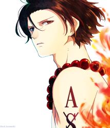  1boy arm_tattoo black_hair brown_eyes clip_studio_paint_(medium) commentary_request curry_gohan fire freckles jewelry male_focus necklace one_piece parted_lips pearl_necklace portgas_d._ace profile short_hair simple_background solo tattoo topless_male twitter_username white_background 