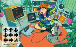  1girl absurdres anniversary arrow_(symbol) artist_request beanie bill_rizer black_hair black_socks blue_eyes blue_jacket bookshelf cable checkered_floor composite_cables contra controller copyright_name crt drawer earrings eyelashes flower_pot game_cartridge game_console game_controller game_screenshot_inset gradius hanging_plant hat highres holding holding_controller holding_game_controller indoors jacket jewelry konami konami_code lance_bean leaf long_hair no_shoes official_art open_clothes open_jacket open_mouth orange_hat plant playing_games playing_video_games potted_plant project_zircon rug screenshot_inset second-party_source shelf shirt smile socks solid_oval_eyes speaker white_shirt 