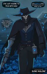  1boy absurdres basedbinkie belt belt_lantern blue_flower bone_malone cloak commentary english_commentary english_text familiar_lands flower gauntlets gloves glowing glowing_eyes gun hat highres holding holding_gun holding_weapon holster lantern long_sleeves looking_at_viewer multiple_belts original pants partially_open_shirt revolver single_gauntlet single_glove skeleton skull speech_bubble stitched_clothes thigh_holster weapon wide_brim 