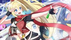  1girl azimaster_777 black_boots black_gloves black_skirt blonde_hair blue_eyes boots bow commentary_request confetti finger_gun fingerless_gloves gloves hair_bow headset high_side_ponytail jacket lilly_lavoix long_hair midriff muv-luv muv-luv_girls_garden navel open_clothes open_jacket open_mouth red_bow red_jacket red_scarf scarf sharp_teeth side_ponytail skirt solo standing standing_on_one_leg sweat teeth upper_teeth_only zoom_layer 