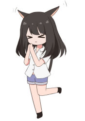  >_< 1girl :3 animal_ears apricotlemontea black_hair black_socks blue_shorts cat_ears cat_girl cat_tail chibi closed_eyes closed_mouth collared_shirt commentary_request dress_shirt final_fantasy final_fantasy_xiv full_body long_hair miqo'te no_shoes original own_hands_together shirt shorts simple_background socks solo standing standing_on_one_leg tail warrior_of_light_(ff14) white_background white_shirt 