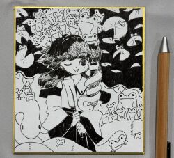  1girl :p ;p absurdres animal_on_head art_tools_in_frame collared_shirt commentary_request detached_sleeves frog gohei greyscale hair_ornament hair_tubes highres holding holding_gohei kochiya_sanae lily_pad long_hair long_sleeves looking_at_viewer mishaguji monochrome neruzou on_head one_eye_closed shikishi shirt single_hair_tube skirt snake_hair_ornament solo tongue tongue_out touhou traditional_media wide_sleeves 