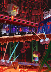  1boy 1other absurdres androgynous blue_shorts blue_sweater blush boots brown_boots brown_hair cellphone closed_eyes closed_mouth colored_skin commentary_request frisk_(undertale) gears highres holding holding_phone hotland_(undertale) long_sleeves mettaton mettaton_(box) non-humanoid_robot open_mouth phone robot short_hair shorts smartphone smile sweat sweater u_u undertale utdr_(toby_fox) vulkin walking watawata22 yellow_skin 