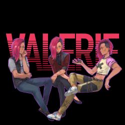  1girl asymmetrical_hair black_pants blue_pants character_name commentary_request cyberpunk cyberpunk_(series) cyberpunk_2077 highres multiple_views outline pants pink_hair pink_sleeves purple_outline shirt shoes short_sleeves sidecut spicy_soup undercut v_(cyberpunk) valerie_(cyberpunk) white_shirt white_shoes 