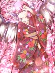  animal_ears bad_id bag cherry_blossoms hand_on_own_face hand_to_face japanese_clothes kimono kuroatomu mystia_lorelei no_hat no_headwear obi pink pink_eyes pink_hair short_hair solo touhou wings wink 