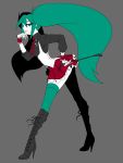  boots green_eyes green_hair hatsune_miku high_heels highres knee_boots long_hair necktie ranchuu riding_crop shoes simple_background skirt solo thigh-highs thighhighs twintails very_long_hair vocaloid wristband 
