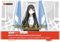  1girl absurdres bbc_(broadcaster) black_hair black_halo blue_archive breaking_news breasts bright_pupils fake_television_screen hair_behind_ear hair_ornament hairclip halo highres large_breasts long_hair millennium_science_school_logo multicolored_halo news ohkohaku podium red_eyes red_halo ringed_eyes rio_(blue_archive) simple_background solo surprised sweater turtleneck turtleneck_sweater two-tone_halo very_long_hair white_pupils white_sweater wide-eyed 