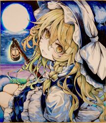 1girl apron black_hat black_skirt black_vest blonde_hair bow braid broom commentary_request frilled_skirt frills full_moon hair_between_eyes hair_bow hat hat_bow highres kararage_tsune kirisame_marisa lantern long_hair looking_at_viewer moon night open_mouth shikishi side_braid single_braid skirt smile solo touhou traditional_media vest waist_apron white_apron white_bow witch_hat yellow_eyes 