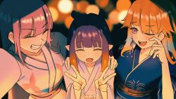  3girls :d ;d absurdres artist_name blue_kimono blunt_bangs blurry blurry_background blush bokeh closed_eyes collarbone commentary_request depth_of_field double_v fang floral_print gradient_hair grin hand_on_another's_shoulder hand_up hands_up highres hololive hololive_english japanese_clothes kimono laughing long_hair looking_at_another mole mole_under_eye mori_calliope morning_glory_print multicolored_hair multiple_girls ninomae_ina'nis obi one_eye_closed open_mouth orange_hair orange_sash pink_eyes pink_hair pink_kimono pink_sash pointy_ears print_kimono purple_hair reaching reaching_towards_viewer sash selfie sidelocks smile straight_hair sumosumo takanashi_kiara taking_picture tearing_up tears teeth tentacle_hair twitter_username upper_body upper_teeth_only v v-shaped_eyebrows virtual_youtuber wiping_tears yukata 