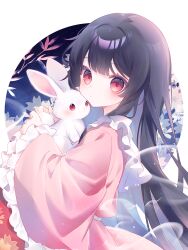  1girl absurdres animal black_hair chinese_commentary collared_shirt colored_inner_hair commentary_request frilled_shirt_collar frilled_sleeves frills highres holding holding_animal holding_rabbit houraisan_kaguya long_hair long_skirt long_sleeves misakiii multicolored_hair pink_shirt rabbit red_eyes red_skirt shirt skirt solo touhou very_long_hair wide_sleeves 