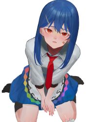  1girl absurdres adapted_costume arms_between_legs bandaid bandaid_on_cheek bandaid_on_face bandaid_on_finger bandaid_on_hand bandaid_on_knee bandaid_on_leg black_socks blue_hair blue_skirt blush commentary from_above hair_between_eyes hair_ornament hairclip highres hinanawi_tenshi long_hair long_sleeves missing_headwear necktie parted_lips red_eyes red_necktie ropu_1 shirt sitting skirt socks solo touhou wariza white_background white_shirt 
