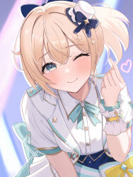  1girl absurdres blonde_hair blush bow bowtie closed_mouth collared_shirt commentary_request finger_heart fingernails green_bow green_bowtie green_eyes hair_between_eyes hat heart highres hololive kazama_iroha looking_at_viewer medium_hair mini_hat one_eye_closed pleated_skirt pon47606461 shirt short_sleeves skirt solo virtual_youtuber white_shirt wrist_cuffs 