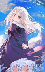  absurdres arm_behind_back bird blue_sky closed_mouth clouds cloudy_sky coat commentary_request fate_(series) floating_hair flock highres illyasviel_von_einzbern light_blush long_hair long_sleeves looking_at_viewer looking_back own_hands_together purple_coat red_eyes scarf sky standing white_bird white_hair white_scarf wind youmeng33 