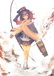  1girl bow_(weapon) brown_eyes brown_gloves brown_hair commentary_request flight_deck full_body gloves grin hakama hakama_skirt headband hiryuu_(kancolle) hiryuu_kai_ni_(kancolle) holding holding_bow_(weapon) holding_weapon japanese_clothes kantai_collection kimono looking_at_viewer madori_(sayuri5) orange_kimono partially_fingerless_gloves rigging simple_background single_glove skirt smile solo standing tabi torn_clothes torn_headband weapon wide_sleeves yugake 