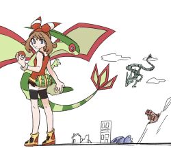  1girl bike_shorts bike_shorts_under_shorts bow_hairband bracelet brown_hair closed_mouth fanny_pack flygon grey_eyes groudon hairband hand_up highres holding holding_poke_ball jewelry kyogre looking_at_viewer looking_to_the_side may_(pokemon) poke_ball poke_ball_(basic) pokemon pokemon_(creature) pokemon_omega_ruby_and_alpha_sapphire rayquaza red_hairband red_shirt shirt shoes shorts sleeveless sleeveless_shirt standing white_background white_shorts xlii_idk yellow_shoes 