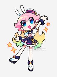  1girl animal_ears aqua_hair arm_up artist_name blonde_hair blue_eyes blush chibi chibi_only cio_(ciosui) commentary earrings english_commentary eyelashes full_body gradient_hair green_hair hat hat_ornament jewelry long_sleeves multicolored_hair neckerchief open_mouth orange_hair original pink_hair pink_neckerchief puffy_short_sleeves puffy_sleeves purple_skirt rabbit_ears rabbit_girl rainbow_hair shirt shoes short_sleeves simple_background skirt smile solo star_(symbol) star_earrings star_hat_ornament watermark white_background white_hat white_shirt white_shoes wrist_cuffs 