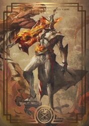 1boy armor asymmetrical_armor border commentary_request dragon emblem english_text fake_horns fire flaming_sword flaming_weapon full_armor full_body helmet highres holding holding_sword holding_weapon horned_helmet horns inset_border kaenken_rekka kamen_rider kamen_rider_saber kamen_rider_saber_(series) kamen_rider_saber_draconic_knight male_focus ornate_border over_shoulder paintedmike rider_belt silver_armor solo standing sword tokusatsu weapon weapon_over_shoulder western_dragon 