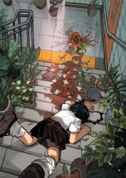  1girl absurdres arm_up black_hair black_skirt braid faceplant full_body highres leg_warmers long_hair lying myango_(applemangocrape) on_stairs on_stomach original plant potted_plant railing shirt short_sleeves skirt solo spill stairs tile_floor tile_wall tiles twin_braids white_leg_warmers white_shirt 