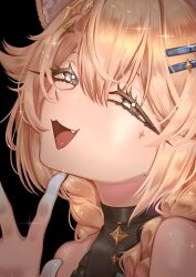  1girl absurdres bare_shoulders black_background black_leotard blonde_hair braid chadraws_art colored_extremities commentary english_commentary fang four-pointed_star hair_ornament hairclip half-closed_eyes high_collar highres kaneko_lumi kaneko_lumi_(4th_costume) leotard long_hair looking_at_viewer open_mouth parallel_hairclips phase_connect portrait simple_background solo sparkle star_(symbol) star_hair_ornament twin_braids virtual_youtuber 