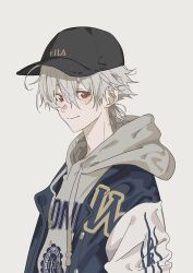  1boy casual closed_mouth drawstring fila grey_background grey_hair grey_hoodie hair_between_eyes hood hood_down hoodie jacket letterman_jacket looking_at_viewer male_focus nagisa_kaworu neon_genesis_evangelion open_clothes open_jacket p_(pkochan) print_hoodie red_eyes short_hair simple_background smile solo upper_body 