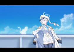  1girl blue_archive blue_eyes blush cat coat coat_on_shoulders commentary_request epaulettes gloves grey_hair grey_halo halo highres jacket long_hair looking_at_animal minato_(blue_archive) open_mouth sammy_(blue_archive) shirt side_ponytail skirt u-ho_(uhokk00) white_coat white_gloves white_jacket white_shirt white_skirt 