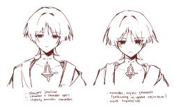  1boy bishounen blunt_ends bodysuit commentary covered_collarbone cropped_torso english_commentary english_text genshin_impact greyscale hair_intakes highres looking_at_viewer male_focus mandarin_collar monochrome parted_lips portrait rzm_mmzk scaramouche_(genshin_impact) shoulder_peek sketch straight-on tsurime variations wanderer_(genshin_impact) white_background wispy_bangs wolf_cut 