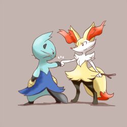  animal_ear_fluff black_fur blue_fur braixen brown_background dewott fist_bump holding holding_stick kanata732 multicolored_fur no_humans pokemon pokemon_(creature) pokemon_focus red_fur simple_background stick tail yellow_fur 