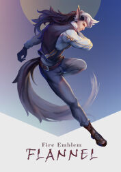  1boy absurdres animal_ears black_gloves black_vest boots brown_boots character_name chinese_commentary closed_mouth commentary_request copyright_name fire_emblem fire_emblem_fates full_body gloves grey_pants highres keaton_(fire_emblem) looking_at_viewer male_focus multicolored_hair my_eight pants profile shirt smile tail vest white_shirt wolf_boy wolf_ears wolf_tail 