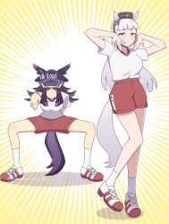  2girls animal_ears black_hair blunt_bangs blush bow breasts brown_hat closed_mouth commentary_request ear_bow ears_through_headwear fenomeno_(umamusume) flipped_hair frown gold_ship_(umamusume) grey_hair gym_shirt hat highres horse_ears horse_girl horse_tail leaning_forward long_hair looking_at_viewer medium_breasts multicolored_hair multiple_girls peaked_cap pillbox_hat posing purple_hair red_shorts shirt shoes short_sleeves shorts smile socks tail tracen_training_uniform umamusume violet_eyes w3n6e white_shirt white_socks 